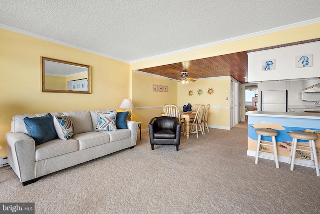 11400 Coastal Hwy Unit 8G, Ocean City, MD 21842 - living area with crown molding, a textured ceiling, ceiling fan, light carpet, and baseboards