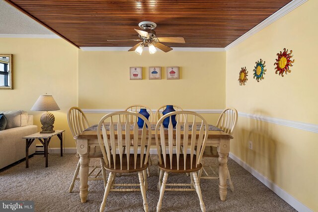 11400 Coastal Hwy Unit 8G, Ocean City, MD 21842 - dining room featuring ceiling fan, wooden ceiling, carpet floors, ornamental molding, and baseboards
