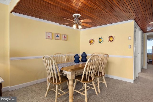 11400 Coastal Hwy Unit 8G, Ocean City, MD 21842 - carpeted dining area featuring ornamental molding, a ceiling fan, wooden ceiling, and baseboards