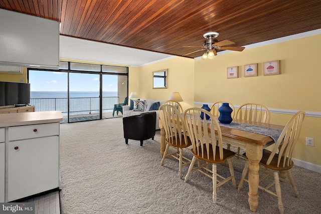 11400 Coastal Hwy Unit 8G, Ocean City, MD 21842 - carpeted dining room with wood ceiling, a ceiling fan, a water view, and a wall of windows