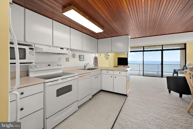 11400 Coastal Hwy Unit 8G, Ocean City, MD 21842 - kitchen with white appliances, under cabinet range hood, a sink, wooden ceiling, and floor to ceiling windows