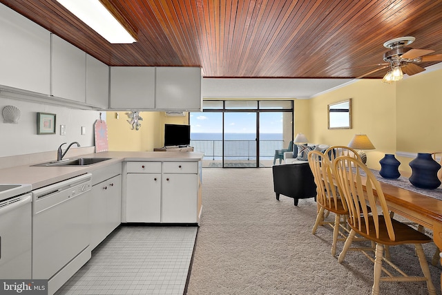 11400 Coastal Hwy Unit 8G, Ocean City, MD 21842 - kitchen featuring white appliances, a sink, wood ceiling, white cabinets, and ceiling fan