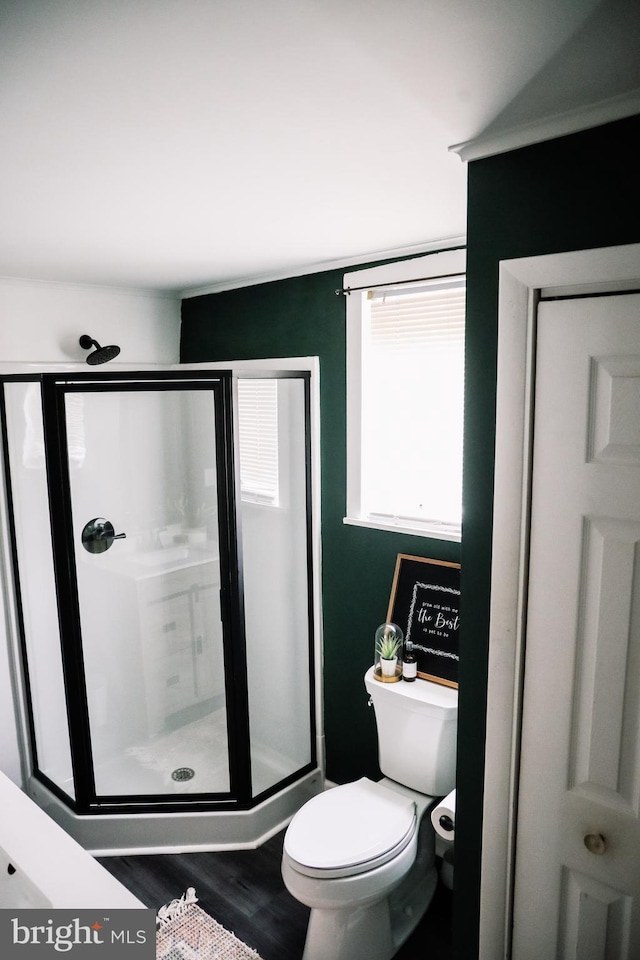1806 Brunnerville Rd, Lititz, PA 17543 - full bathroom featuring a shower stall, toilet, and wood finished floors