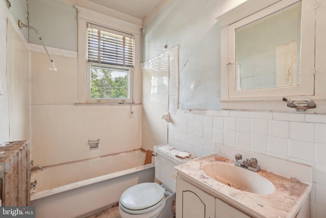 4100 Jenifer St NW, Washington, DC 20015 - full bathroom with tile walls, toilet, radiator heating unit, vanity, and shower / bathtub combination