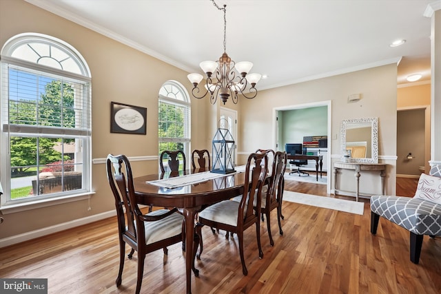 24830 Showbarn Cir, Damascus, MD 20872 - dining space with a chandelier, ornamental molding, light wood-type flooring, baseboards, and recessed lighting