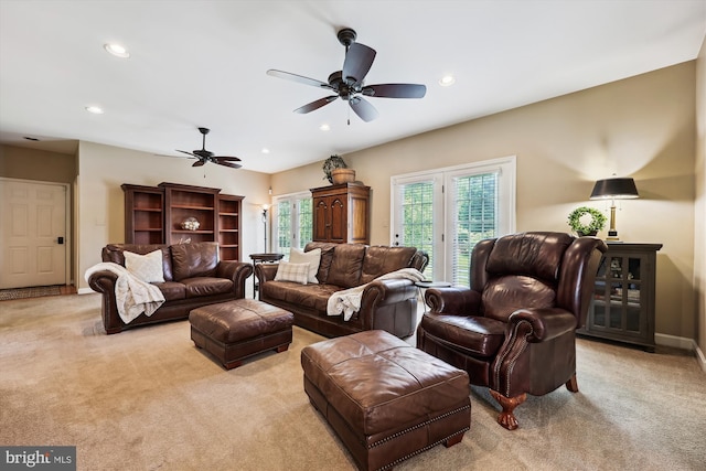 24830 Showbarn Cir, Damascus, MD 20872 - living room featuring a ceiling fan, light carpet, and recessed lighting