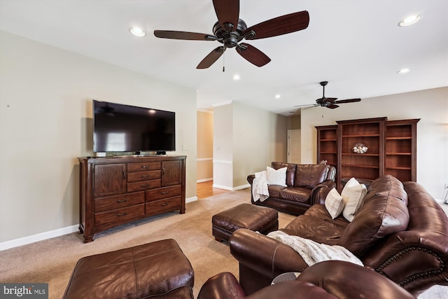 24830 Showbarn Cir, Damascus, MD 20872 - living area featuring light carpet, a ceiling fan, baseboards, and recessed lighting