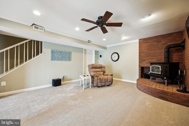 24830 Showbarn Cir, Damascus, MD 20872 - living area featuring a wood stove, ceiling fan, carpet floors, baseboards, and recessed lighting