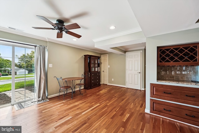 24830 Showbarn Cir, Damascus, MD 20872 - bar featuring crown molding, baseboards, a ceiling fan, light wood finished floors, and recessed lighting