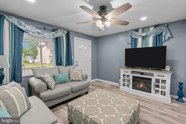 827 W 2nd St, Florence, NJ 08518 - living area with a ceiling fan, baseboards, wood finished floors, and recessed lighting