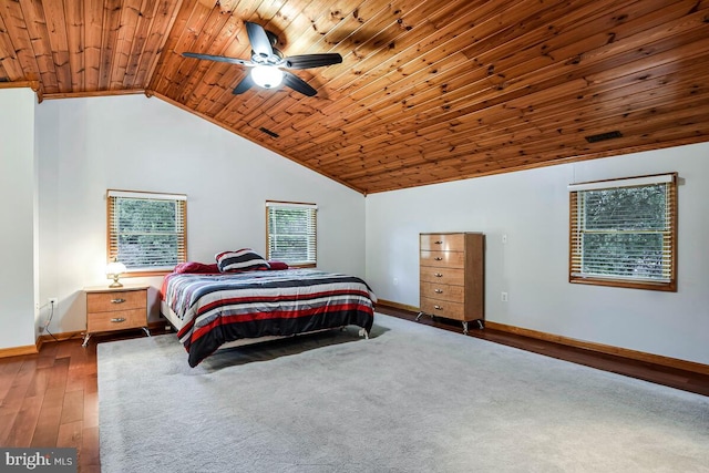 4406 Roundhill Rd, Alexandria, VA 22310 - bedroom featuring vaulted ceiling, wooden ceiling, baseboards, wood-type flooring, and ceiling fan