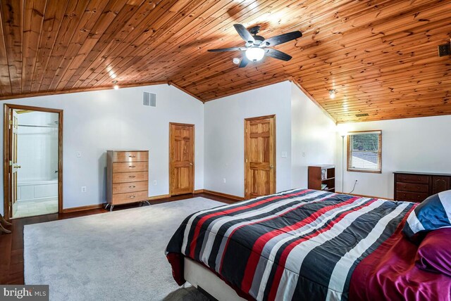 4406 Roundhill Rd, Alexandria, VA 22310 - bedroom with vaulted ceiling, wood ceiling, baseboards, and ceiling fan