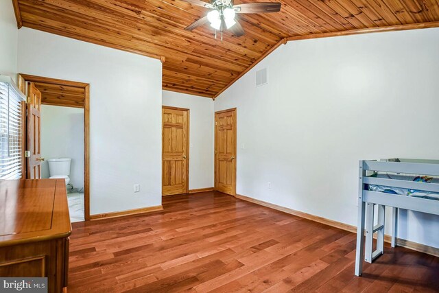 4406 Roundhill Rd, Alexandria, VA 22310 - unfurnished bedroom with vaulted ceiling, wooden ceiling, wood finished floors, and baseboards