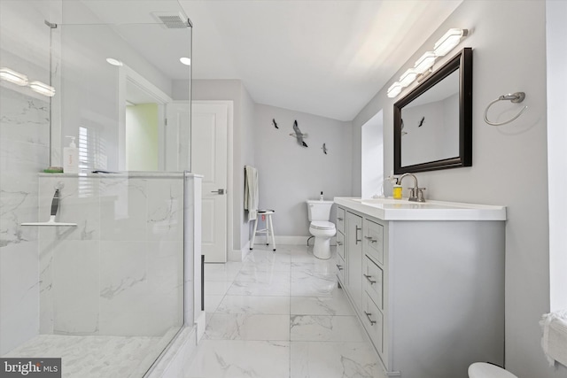 224 Dupont St, Philadelphia, PA 19127 - full bathroom with toilet, vanity, marble finish flooring, a marble finish shower, and baseboards