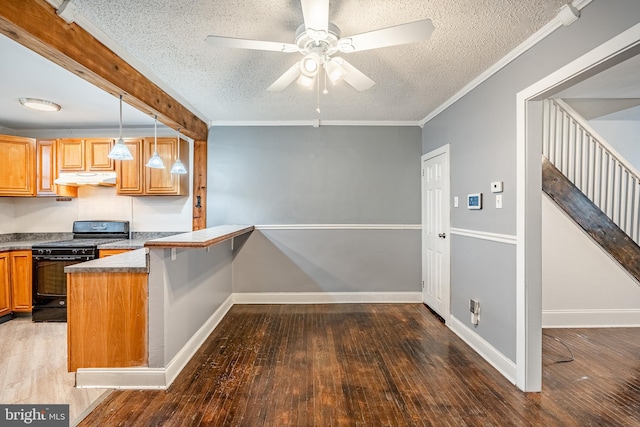 4749 Marple St, Philadelphia, PA 19136 - kitchen with black gas range, under cabinet range hood, hardwood / wood-style floors, ceiling fan, and a textured ceiling