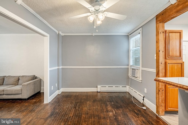 4749 Marple St, Philadelphia, PA 19136 - unfurnished dining area featuring baseboard heating, hardwood / wood-style flooring, ceiling fan, a textured ceiling, and crown molding