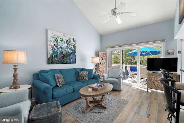 39724 E Sun Dr Unit 226, Fenwick Island, DE 19944 - living room featuring high vaulted ceiling, wood finished floors, and a ceiling fan