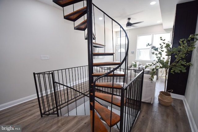 2116 E Hoffman St, Baltimore, MD 21213 - stairs featuring wood finished floors, ceiling fan, and recessed lighting