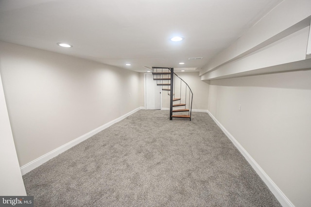 2116 E Hoffman St, Baltimore, MD 21213 - finished below grade area featuring stairway, carpet floors, and recessed lighting
