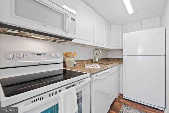 1825 T St NW Unit 701, Washington, DC 20009 - kitchen featuring white appliances, a sink, white cabinetry, dark wood-style floors, and light stone countertops