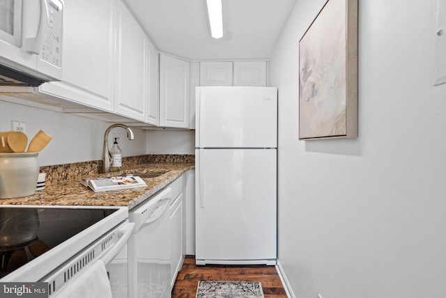 1825 T St NW Unit 701, Washington, DC 20009 - kitchen with white appliances, a sink, white cabinetry, dark wood-style flooring, and stone counters