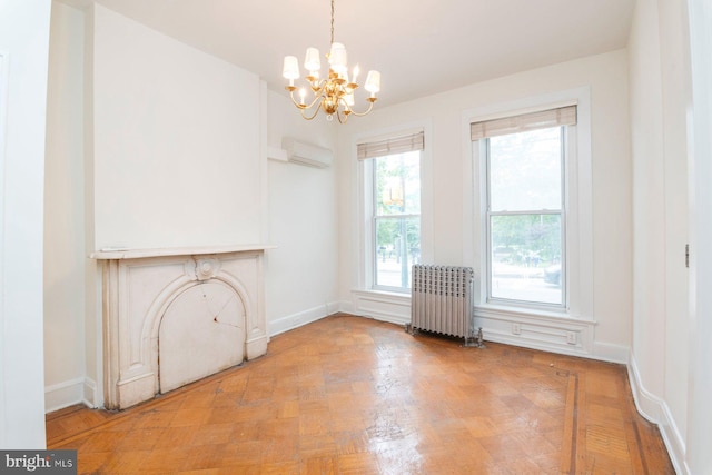 2638 E Baltimore St, Baltimore, MD 21224 - unfurnished dining area featuring radiator heating unit, a chandelier, an AC wall unit, and baseboards