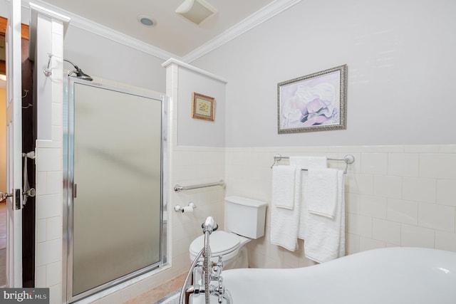 212 S Union Ave, Havre De Grace, MD 21078 - full bathroom featuring tile walls, ornamental molding, a stall shower, a freestanding bath, and wainscoting