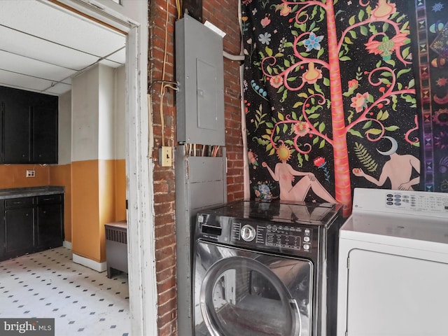 16 Avalon Ave, Hagerstown, MD 21740 - laundry room with electric panel, separate washer and dryer, tile patterned floors, and brick wall
