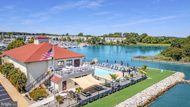 15 Queen Anne Way Unit E, Chester, MD 21619 - drone / aerial view of a nearby body of water and a pool area