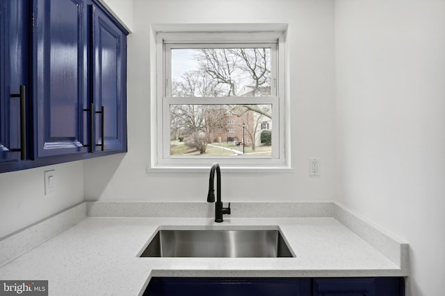 3059 Patrick Henry Dr Unit 201, Falls Church, VA 22044 - kitchen with a sink, blue cabinetry, and light stone counters