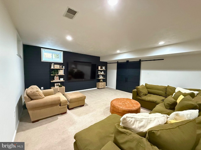 10000 Manor Pl, Fairfax, VA 22032 - living room featuring a barn door, carpet flooring, recessed lighting, and baseboards