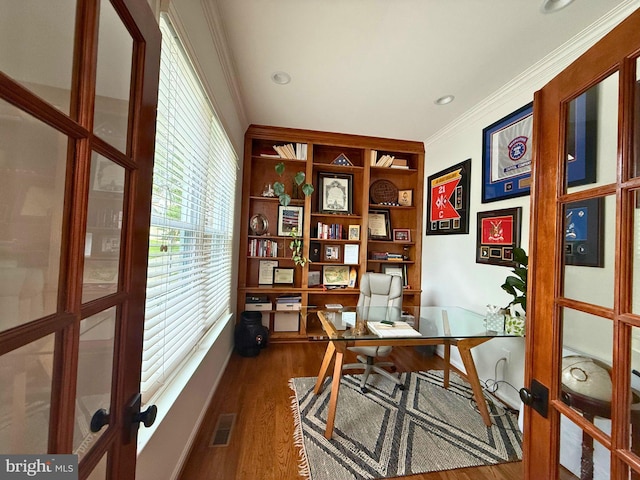 10000 Manor Pl, Fairfax, VA 22032 - office area with french doors, ornamental molding, wood finished floors, and built in features