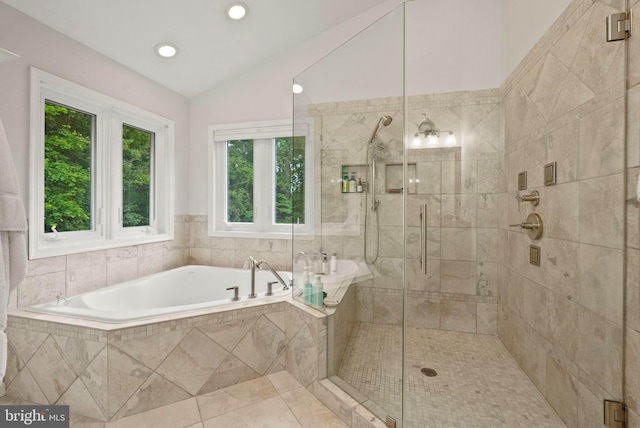 10000 Manor Pl, Fairfax, VA 22032 - full bathroom with a bath, lofted ceiling, a shower stall, and recessed lighting
