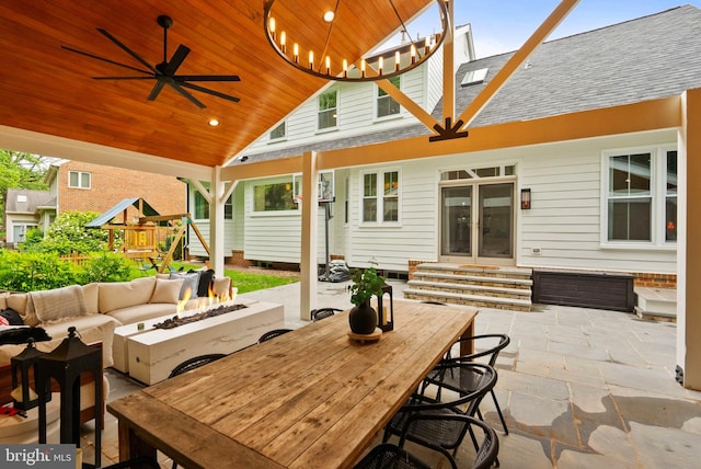 10000 Manor Pl, Fairfax, VA 22032 - view of patio / terrace with entry steps, an outdoor living space with a fire pit, outdoor dining area, ceiling fan, and a playground