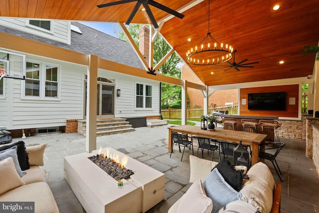 10000 Manor Pl, Fairfax, VA 22032 - view of patio with ceiling fan, an outdoor living space with a fire pit, outdoor dining space, and entry steps