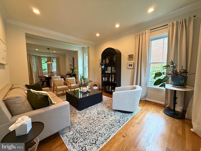 10000 Manor Pl, Fairfax, VA 22032 - living room featuring arched walkways, wood finished floors, crown molding, recessed lighting, and baseboards