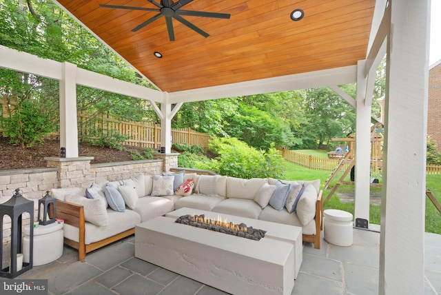 10000 Manor Pl, Fairfax, VA 22032 - view of patio featuring an outdoor living space with a fire pit, a ceiling fan, and a playground