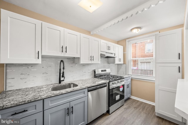 4528 Tudor St, Philadelphia, PA 19136 - kitchen featuring appliances with stainless steel finishes, a sink, under cabinet range hood, gray cabinets, and baseboards