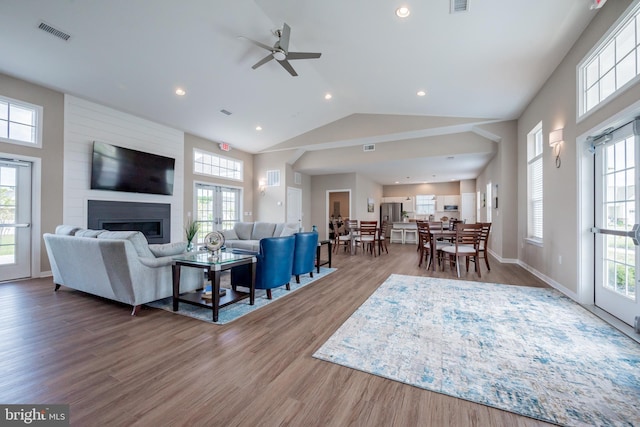 1019 Robinson Rd, Townsend, DE 19734 - living room featuring plenty of natural light, a fireplace, ceiling fan, wood finished floors, and high vaulted ceiling