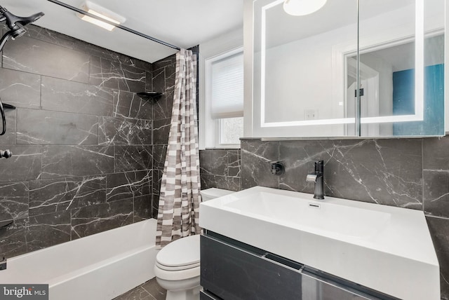 1936 S Sartain St, Philadelphia, PA 19148 - full bath with shower / bath combination with curtain, toilet, vanity, and tile walls