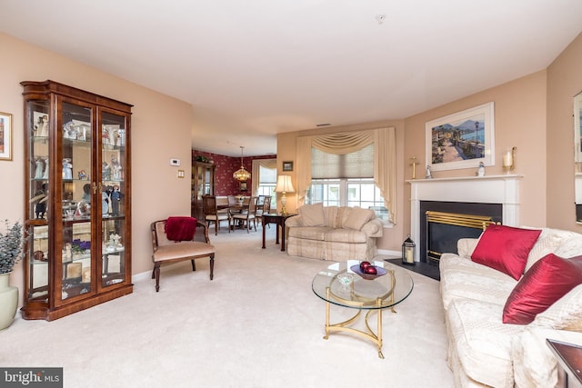 205 Strawberry Ct, Warwick, PA 18974 - living room featuring carpet, a fireplace with flush hearth, and baseboards