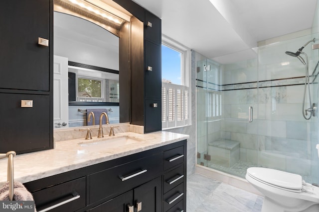 260 Whistling Pine Rd, Severna Park, MD 21146 - bathroom with vanity, a shower stall, toilet, and healthy amount of natural light