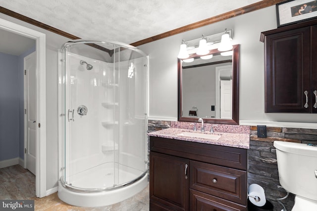 260 Whistling Pine Rd, Severna Park, MD 21146 - full bath featuring a shower stall, vanity, toilet, crown molding, and a textured ceiling