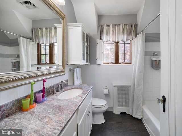 1204 Drexel Ave, Drexel Hill, PA 19026 - full bathroom with radiator, tile patterned floors, vanity, toilet, and shower / bathtub combination with curtain