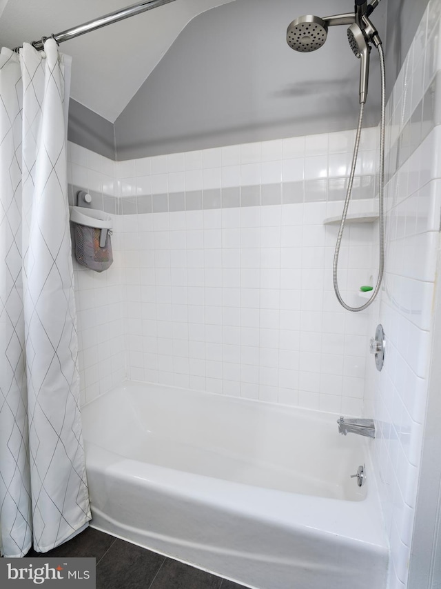 1204 Drexel Ave, Drexel Hill, PA 19026 - full bathroom with shower / tub combo, tile patterned floors, and vaulted ceiling