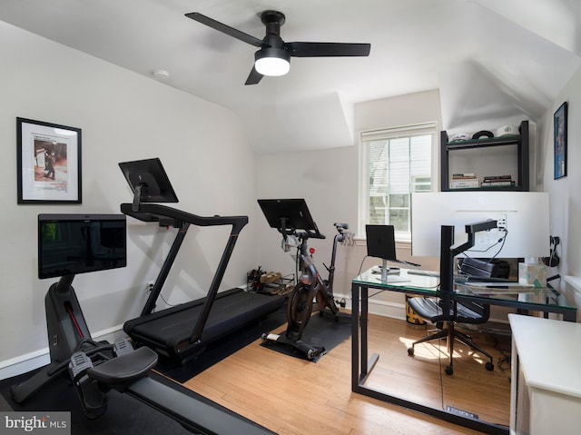 1204 Drexel Ave, Drexel Hill, PA 19026 - exercise area featuring baseboards, wood finished floors, a ceiling fan, and vaulted ceiling