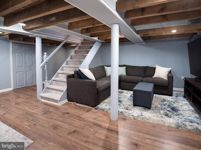 1204 Drexel Ave, Drexel Hill, PA 19026 - finished below grade area with stairs, wood finished floors, baseboards, and recessed lighting
