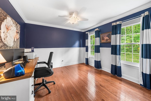 253 Lantern Ln, Gulph Mills, PA 19428 - office area featuring a ceiling fan, wainscoting, wood-type flooring, plenty of natural light, and ornamental molding