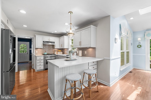 253 Lantern Ln, Gulph Mills, PA 19428 - kitchen with appliances with stainless steel finishes, under cabinet range hood, a peninsula, light wood finished floors, and recessed lighting