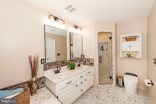 15381 Bronco Way, Woodbridge, VA 22193 - full bathroom with marble look tile flooring, double vanity, toilet, a shower stall, and decorative backsplash